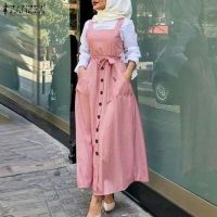 COD ZANZEA 2022 Elegant Button Sundress Womens Autumn Overalls Vestidos Casual Solid Tank Marocain Robe Female Islamic Dres