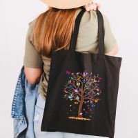 【Lanse store】Butterfly Tree Black Canvas Women Shopping Bags Mom Life Girl Shoulder Cloth Reusable Shopper Teacher Student Book