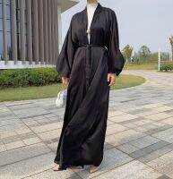 แผ้วลายซาตินผู้หญิงมุสลิมเสื้อคลุมดูไบตุรกีสไตล์ robey อาหรับ Kaftan เปิด abaya ambush อิสลามหน้า