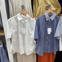 Uniqlo Fitting room 2023 summer casual striped patchwork shirt short-sleeved loose college style shirt C458622