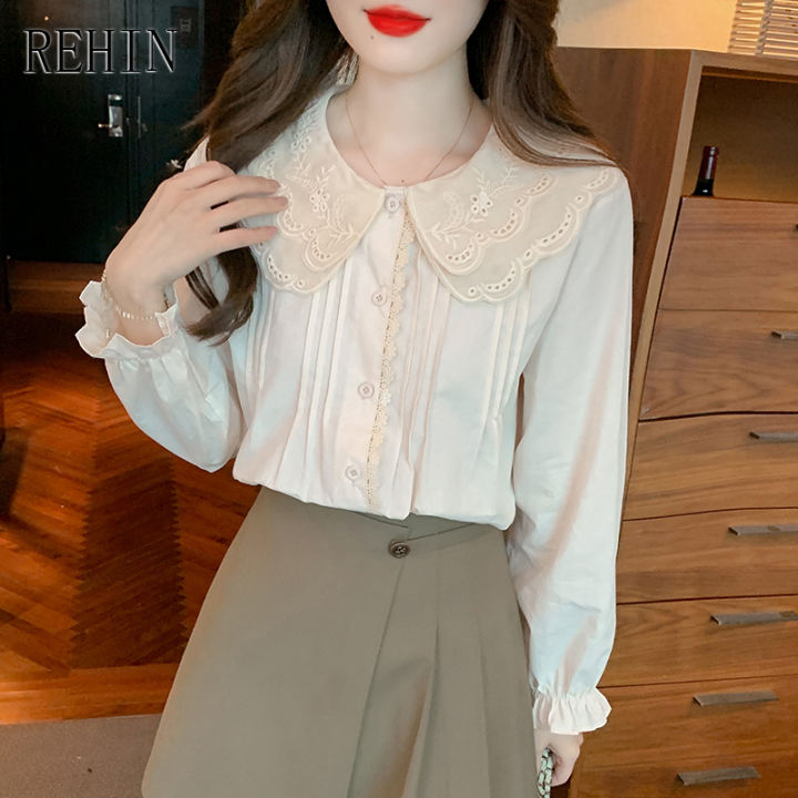 rehin-ผู้หญิงฤดูใบไม้ร่วงใหม่เกาหลีรุ่น-retro-เสื้อแขนยาว-hollow-hook-ตุ๊กตาคอหลวมบาง-elegant-เสื้อ