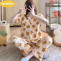 Wintin Spring and Autumn Net Red Pajamas Womens Short-Sleeved Trousers Cardigan Summer Korean Style Sweet and Fresh Student Homewear Suit