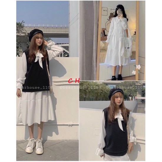 Set váy babydoll trắng mix gile mặc ngoài ulzzang - Đầm, váy nữ |  ThờiTrangNữ.vn