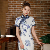 Yourqipao 2023แฟชั่นฤดูร้อนยาว Cheongsam สีขาวอารมณ์พิมพ์ Qipao จีนแบบดั้งเดิมสไตล์ชุดราตรีสำหรับผู้หญิง