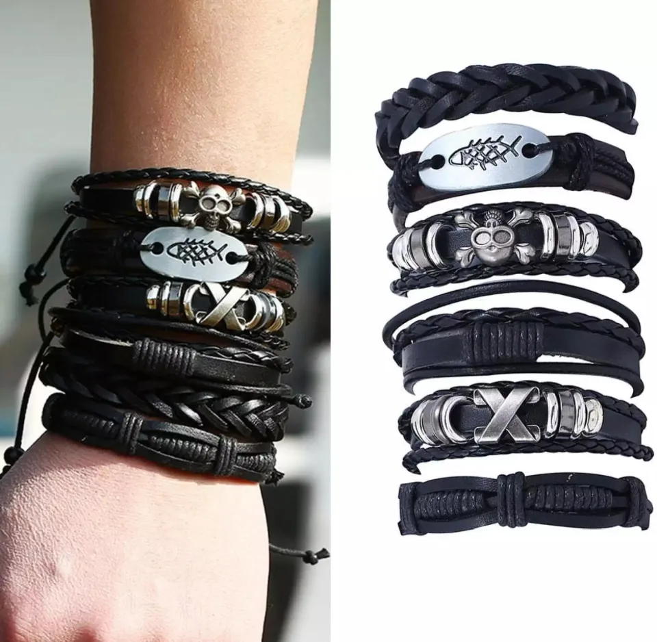 6pcs/set Fashionable Pu Leather Men's Bracelet Jewelry