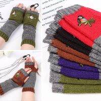 Embroidered Bird Gloves for Womens Cotton Fingerless Gloves Knitted Block Stitching Mittens Females Splice Fingerless Gloves