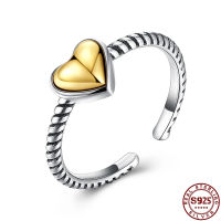 925 Sterling Silver Golden Heart Rings For Women Open Adjustable Ring Vintage Style Jewelry Romantic Anniversary Gift