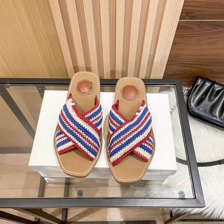 original-label-cross-band-color-matching-woven-flat-bottom-slippers-casual-cross-band-open-toe-slippers-beach-sandals