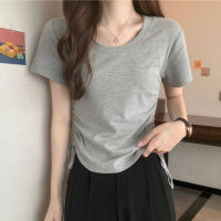 T Shirt Women Short Sleeve Cotton Tshirt Korean Style Summer Fashion Drawstring Top Round Neck Plain Tee