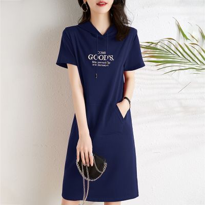 ¤❆✗ 9246 Blue Red T Shirt Dress Short Sleeves Letters Hooded Dress Pullovers Cotton Straight Front Pockets T-shirt Dress Summer2023