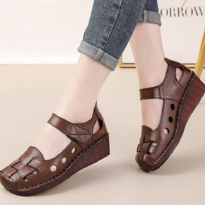 High Quality Roman Sandals Women’s Summer Genuine Leather Weave Shoes Mom Gladiator Lady Closed Toe Elderly Flat Wedged Sandals