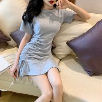 Solid color drawstring mini dress women 2022 summer ruffled casual short sleeve skirt