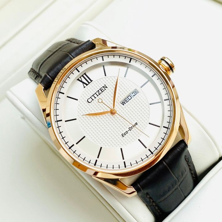 Đồng hồ Nam chính hãng Citizen Eco Drive AW0082-19A Size 42,Mặt trắng,Lịch  thứ ngày-Năng lượng ánh sáng-Dây da nâu cao cấp 