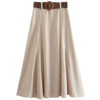 European and American style summer new womens design belted linen blend mid-length A-line skirt 0387153 712