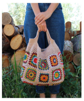 สีสันโครเชต์ Boho Chic Granny Square Gran Tote กระเป๋าถือ Beige Blue Market กระเป๋าสไตล์วินเทจ Hippie Summer Beach Baghot