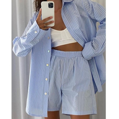 Loung Wear Women S Home Clothes Stripe Long Sleeve Shirt Tops And Loose High Waisted Mini Shorts Two Piece Set Pajamas
