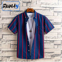 เสื้อลำลอง RUNAY สำหรับผู้ชาย,เสื้อเชิ้ตลำลองแฟชั่นลายทางแขนสั้นพิมพ์ลายบางวัยกลางคนและวัยรุ่นใส่ได้หลายโอกาส