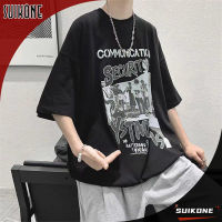 Suikone ชุดเดเสื้อยืดคอกลมหลวมผู้ชาย,แขนสั้นพิมพ์ลายไฮสตรีท