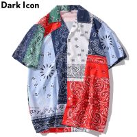 9.9 HotBandanna Print R Shirts Turn-down Collar Men Streetwear Short Sleeve Hawaiian Shirts Mens Top