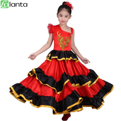 LOlanta Girls Red Spanish Flamenco Belly Dance Costume Stage Performance Dress for 4-12 years