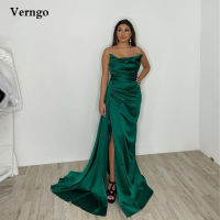 2021Verngo Modern Emerald Green Satin Long Evening Dresses Strapless Pleats Side Slit Prom Gowns Women Occasion Formal Dress