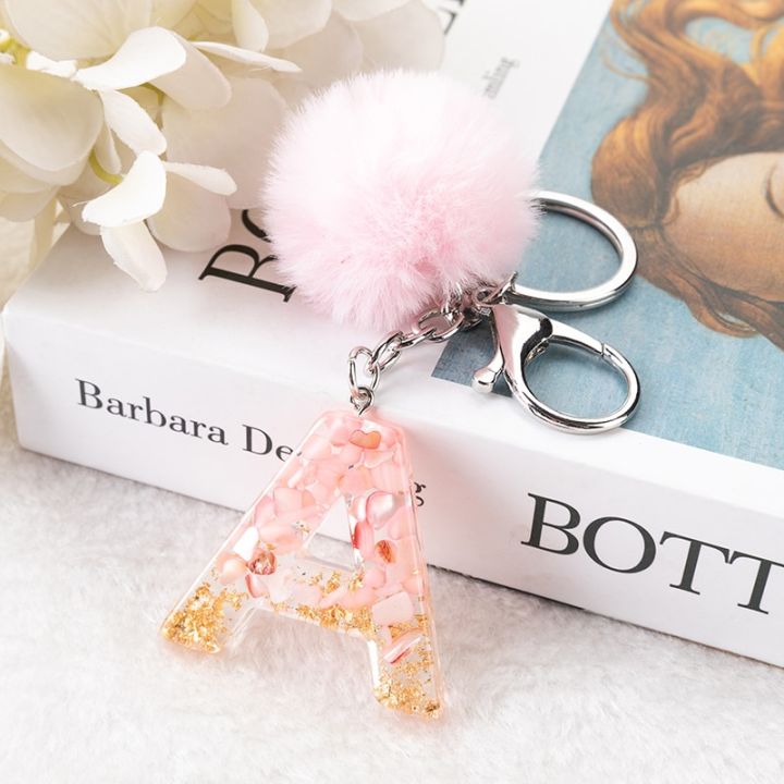 1pc-pink-pompom-letter-keychain-english-alphabet-keyring-with-puffer-ball-glitter-gradient-resin-car-mirror-handbag-charms-key-chains