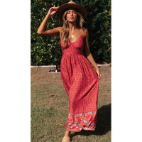 2022 Summer New Swing Skirt WomenS Bohemian V-Neck Suspenders Floral Fashion Long Dress Country Style Cool Style