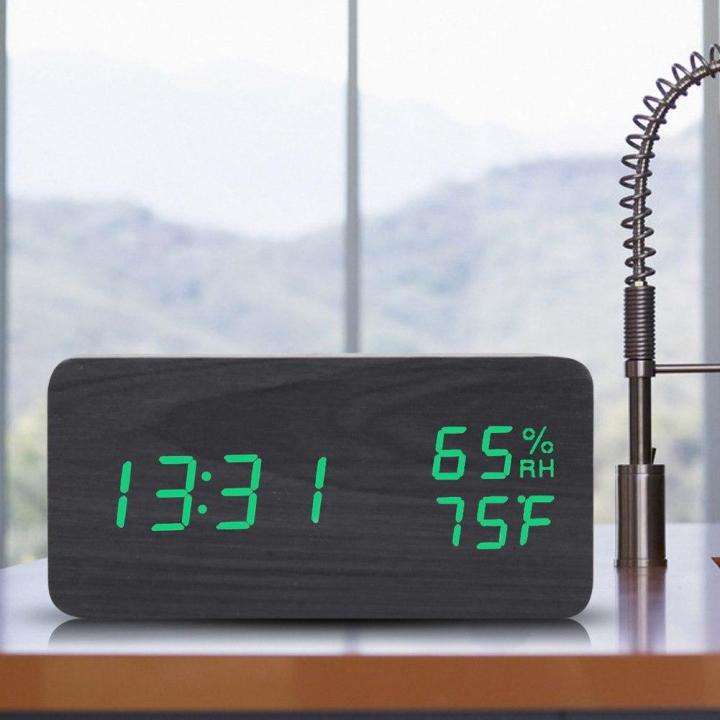 worth-buy-นาฬิกาแอลอีดีไฟฟ้านาฬิกาปลุกตั้งโต๊ะไม้จอแสดงความชื้นเวลา-led-ดิจิตอลไฟควบคุมเครื่องช่วยฟังนาฬิกาไม้