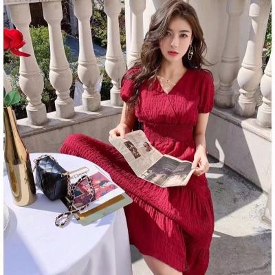 Korean Women Ladies Vintage Slim Waist Short Sleeve Summer Maxi Dress Ready Stock New