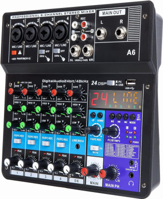 6 Channel Audio Mixer - Portable Digital Line Mixer Console Build-in 24 DSP Effects BT Function 48V Phantom Power for Karaoke Streaming by YOUSHARES A6