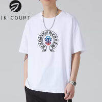 JK Court เสื้อยืดเสื้อคอคลมแขนสั้นผู้ชายพิมพ์ลายด้านหน้าแขนครึ่งเสื้อมีสไตล์ฤดูร้อน