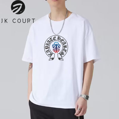 JK Court เสื้อยืดเสื้อคอคลมแขนสั้นผู้ชายพิมพ์ลายด้านหน้าแขนครึ่งเสื้อมีสไตล์ฤดูร้อน