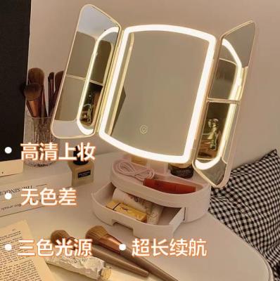❁☃㍿ Folding cosmetic mirror inner double door Led lights colored light wipe all-in-one desktop ins female toilet