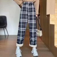 Lucyever mulheres cordeiro cashmere xadrez calças harajuku solto inverno grosso quente de pelúcia calças mulher casual cintura alta perna larga pant