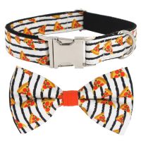 Popular Pizza Pattern dog collar and leash with bow tie for big and small dog cotton fabric collar rose gold metal buckle