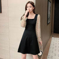 ฤดูร้อนใหม่ polka dot ตาข่ายแฟชั่นแขนยาวชุดหญิงอารมณ์สแควร์คอชุดเซ็กซี่เอว slim little black skirt