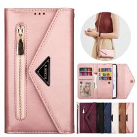 Zipper Wallet Leather Cards Solt Case For Samsung Galaxy S23 Ultra S22 Plus S21 FE S20 A53 A52 A12 A13 A72 Crossbody Strap Cover