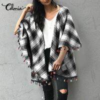 Celmia Winter Plaid Cardigan Womens Fashion Capes 2021 Checked Ponchos Vintage Tassel Bat Sleeve Cloaks Casual Loose Coat Femme