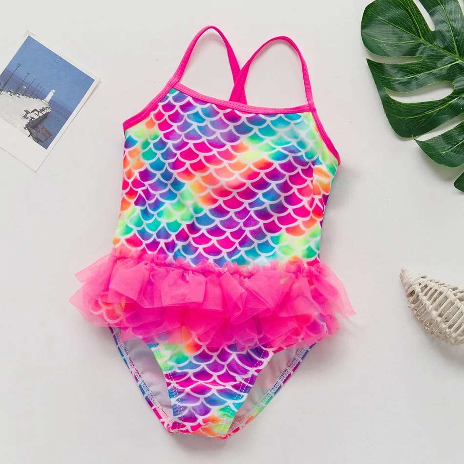 ▩ 3-8Years Girls Swimsuits Bathing Suit ONE-PIECE Bikini Mermaid Scale  Printed Halter Sunsuit Swimwear with Ruffle Tulle Frill Lazada