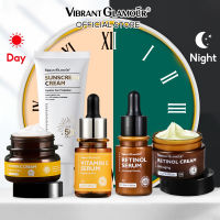 VIBRANT GLAMOUR ครีมกันแดดเรตินอลวิตามินซี 5 ชิ้นชุดครีมเรตินอล + เซรั่ม + ครีมวีซี + เซรั่ม + ครีมกันแดดไวท์เทนนิ่งกรดไฮยาลูโรนิก 2.5% เรตินอลต่อต้านริ้วรอยไวท์เทนนิ่งลดริ้วรอยร่องลึกเมลามซ่าสกินแคร์