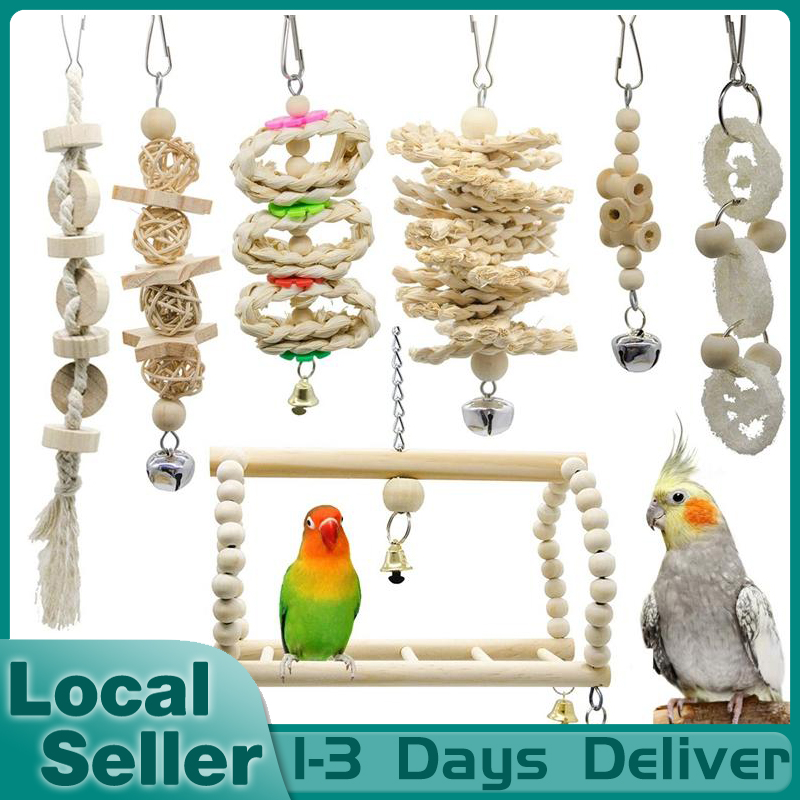 8 Pack Birds Cockatiel Toys,Parakeet Toys,Natural Wood Pet Bird Chewing Toys Love Birds,Cockatiels,Conures,Macaws,Finches Hanging Bell Swing Hand Made Climbing Bird Cage Toys,for Small Parrots 