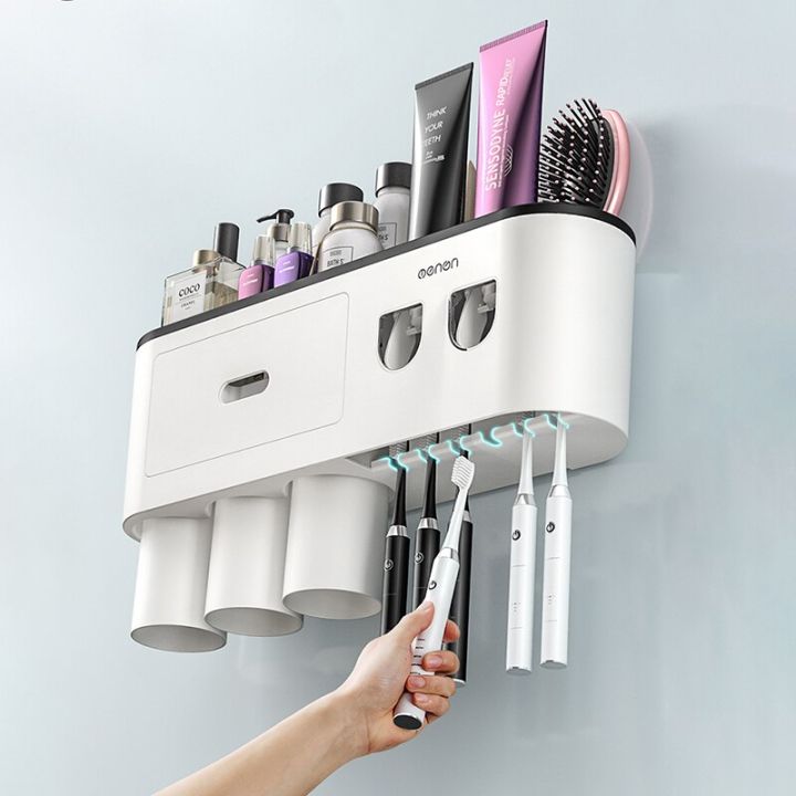 ที่วางแปรงสีฟันติดผนังพร้อมเครื่องจ่ายยาสีฟัน2อัน-ph-free-ที่เก็บของในห้องน้ำสำหรับบ้านอุปกรณ์ห้องน้ำกันน้ำ