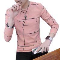 Mens Long Sleeves T-shirt Round Neck Slim Fit Floral Line Casual Autumn Fashion