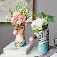 Resin Cartoon Animal Head Vase Succulents Flower Pot Coffee Shop Showcase Blowing Bubbles Simulation Animal Vase Decor WF