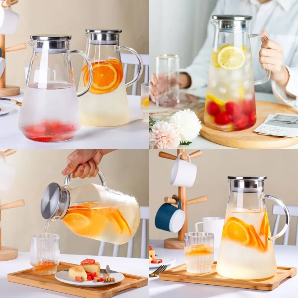 Glass Water Pitcher with Handle Bamboo Lid Heat Resistant Cold Kettle  Large-capacity Tea Pitcher Juice Coffee Drink Milk Jug Cup