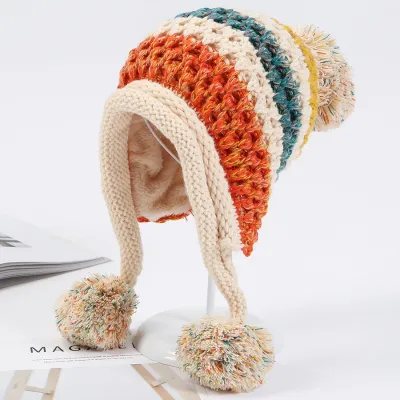 HT1996 2022 New Winter Knitted Hats Women Patchwork Pompon Balls Earflap Caps Ladies Warm Thick Winter Beanies Female Beanie Hat