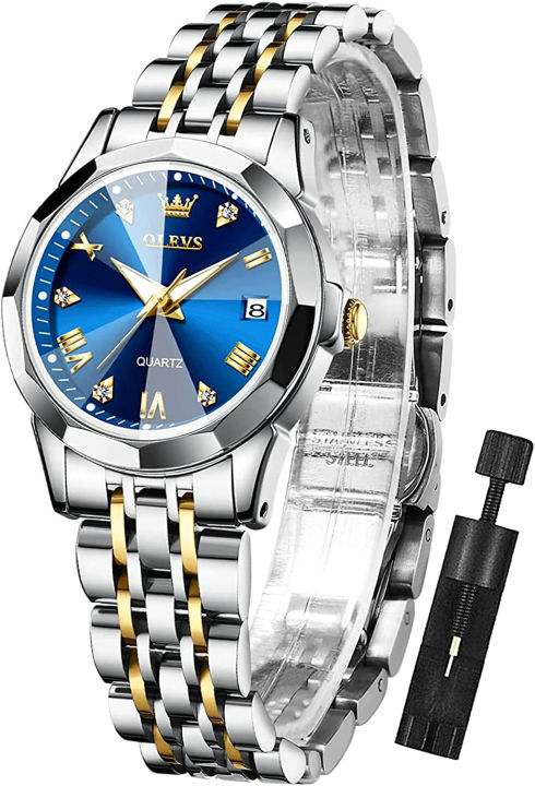 olevs-womens-watch-fashion-dress-diamond-female-watches-for-ladies-analog-quartz-stainless-steel-waterproof-luminous-day-date-two-tone-wristwatch-blue-watch-for-women