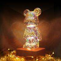 LED Fireworks Light 3D Glass Bear Night Light Desktop Colorful Atmosphere Light for Home Bedroom Living Room Decorative Kid Gift Night Lights