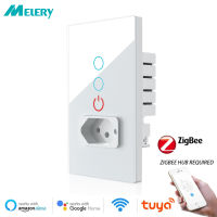 Zigbee สมาร์ท Tuya บราซิล Intererruptor สวิตช์ไฟผนังซ็อกเก็ตบราซิลเสียบ Tomada O Utlet แก้วแผงสัมผัส Alexa Home