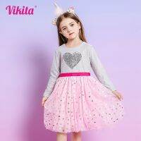 VIKITA Children Girls Dresses Heart Yarn Kids Dress Long Sleeve Children New Year Gift Kids Dresses Skin Friendly